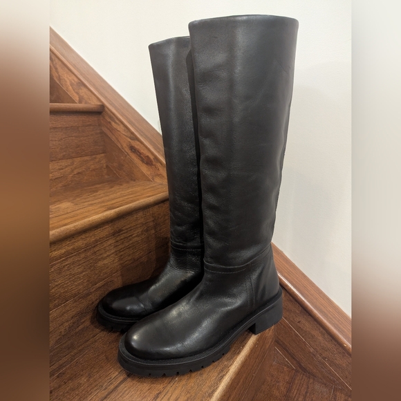 Women's Zara Black vegan Leather Low Heel Knee High Boots SZ 41 pull-on fit. - Picture 2 of 12